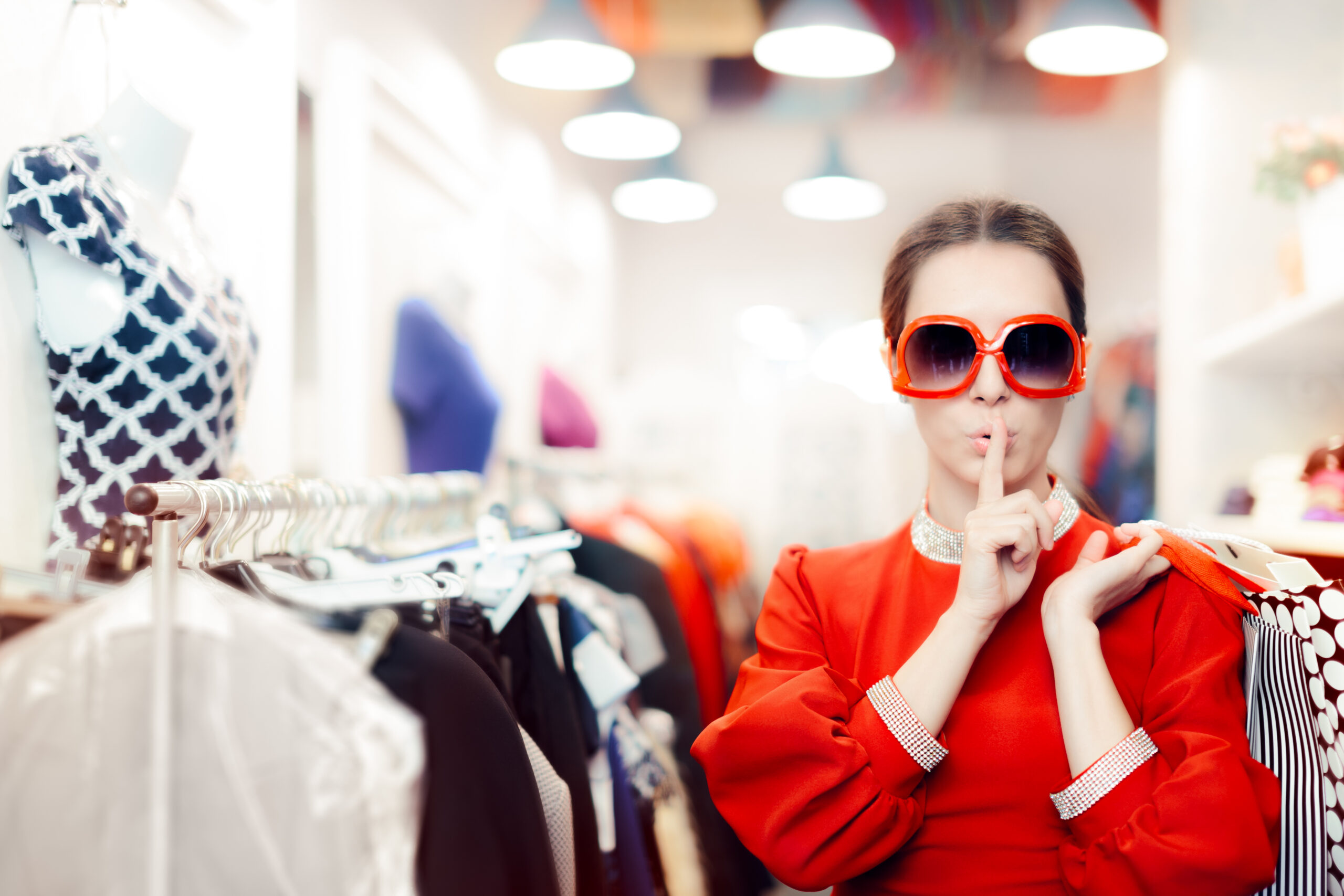 Secret shopper with big red sunglasses.